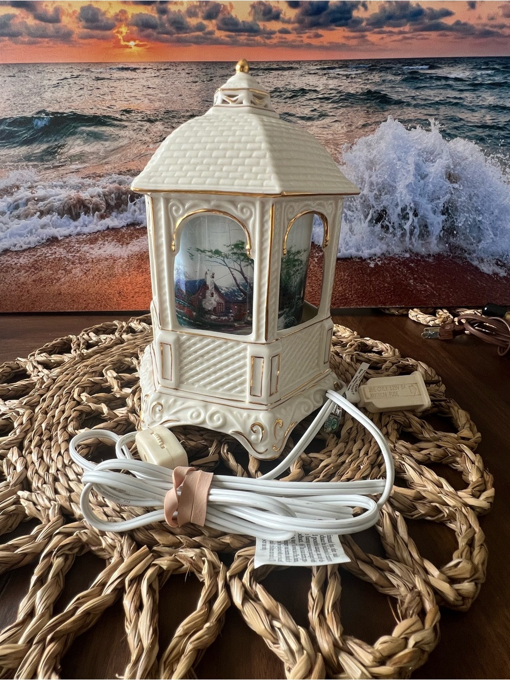 Thomas Kinkade Ivory and Gold Ceramic Lantern with Scenic Panels